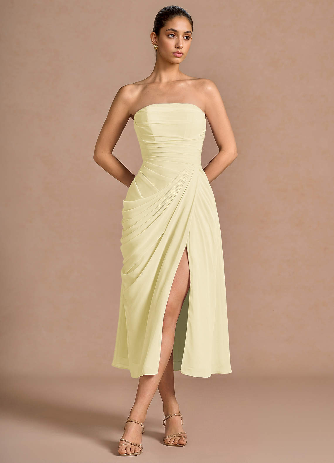 Kaavia Column Pleated Chiffon Midi Evening Dress in Dusty Blue