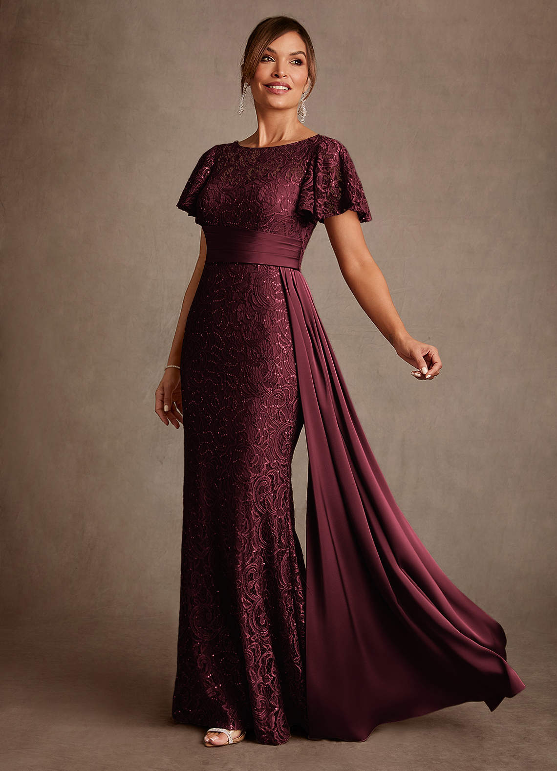 Harrison Mermaid Scoop-Neck Stretch Satin and Lace Mother of the Bride Dress in Cabernet