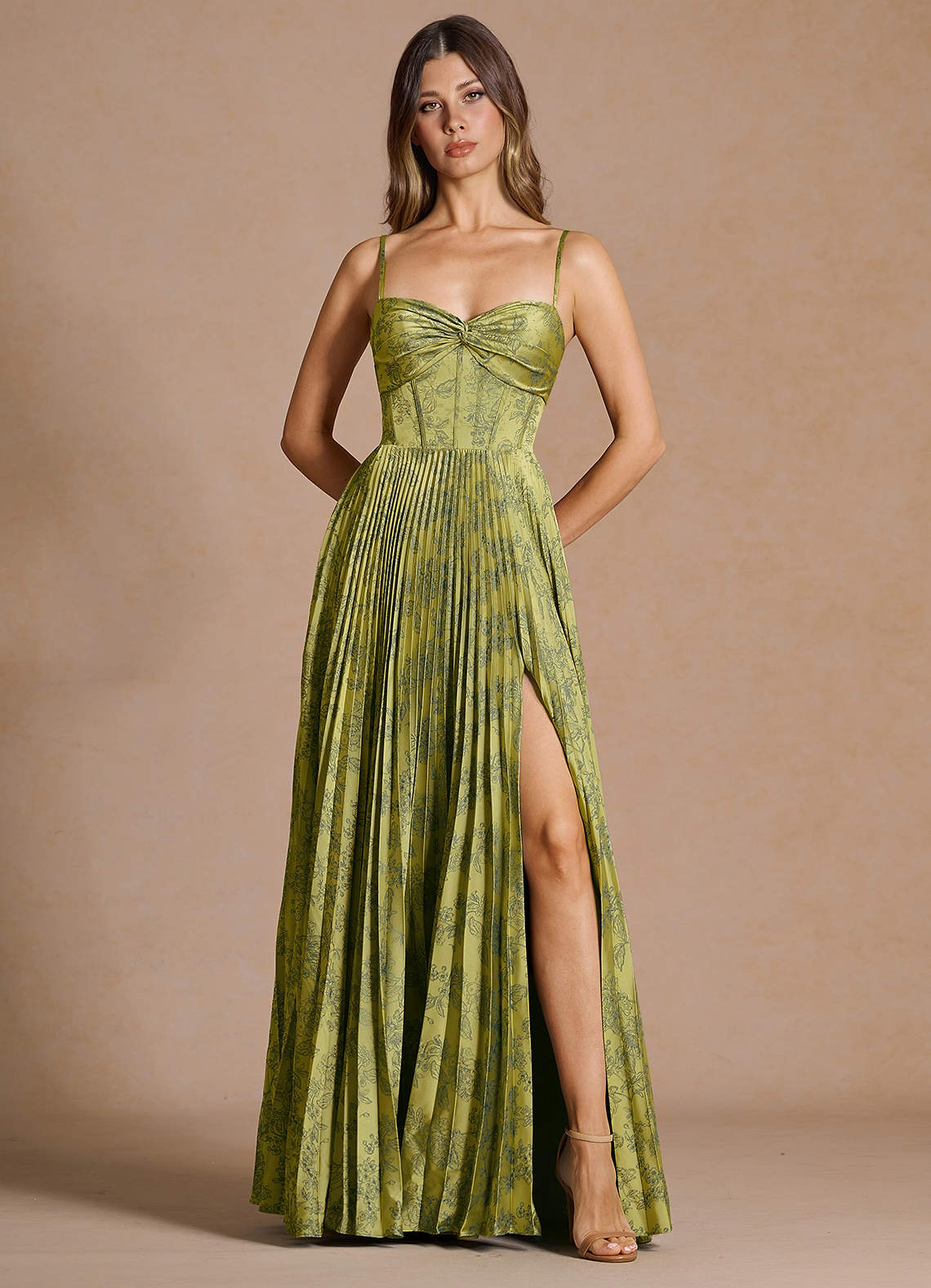 Vesper Pleated Knot-Neck Jacquard Wedding Guest Dress in Moss Navy