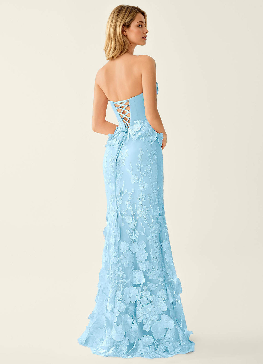Wrensincia Mermaid Strapless Crystal Linen Satin Evening Dress in Sky Blue