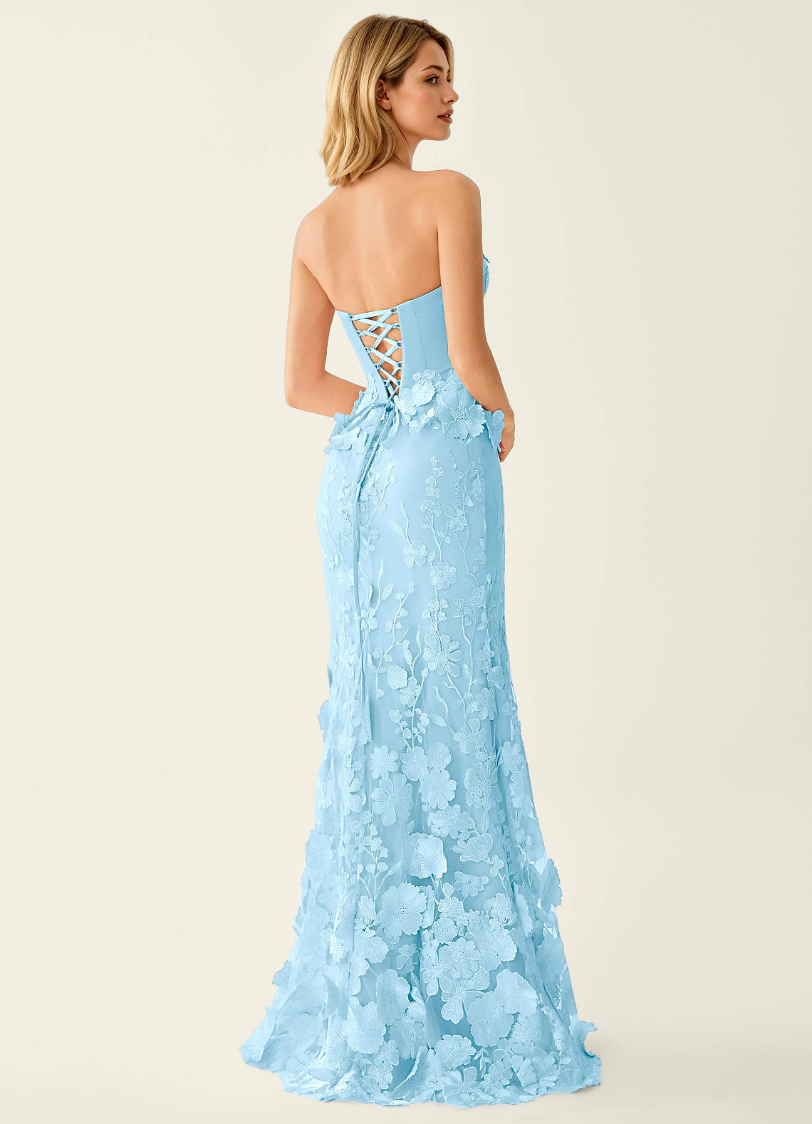 Wrensincia Mermaid Strapless Crystal Linen Satin Evening Dress in Sky Blue