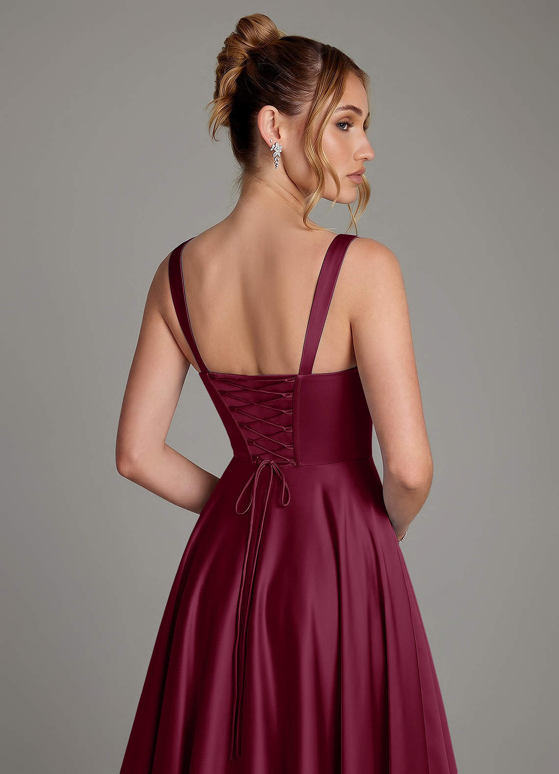 Azaria A-Line Square-Neck Stretch Satin Bridesmaid Dress in Mulberry