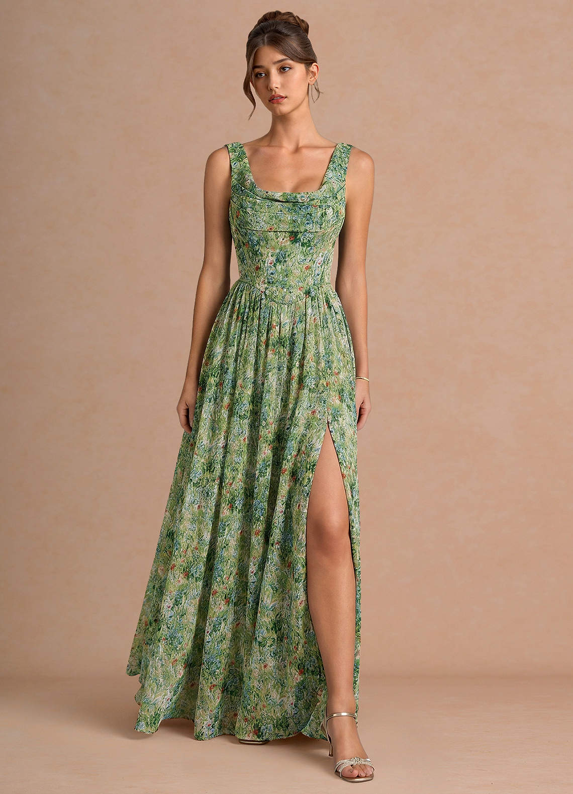 Aurore A-Line Cowl-Neck Chiffon Wedding Guest Dress in Truffle