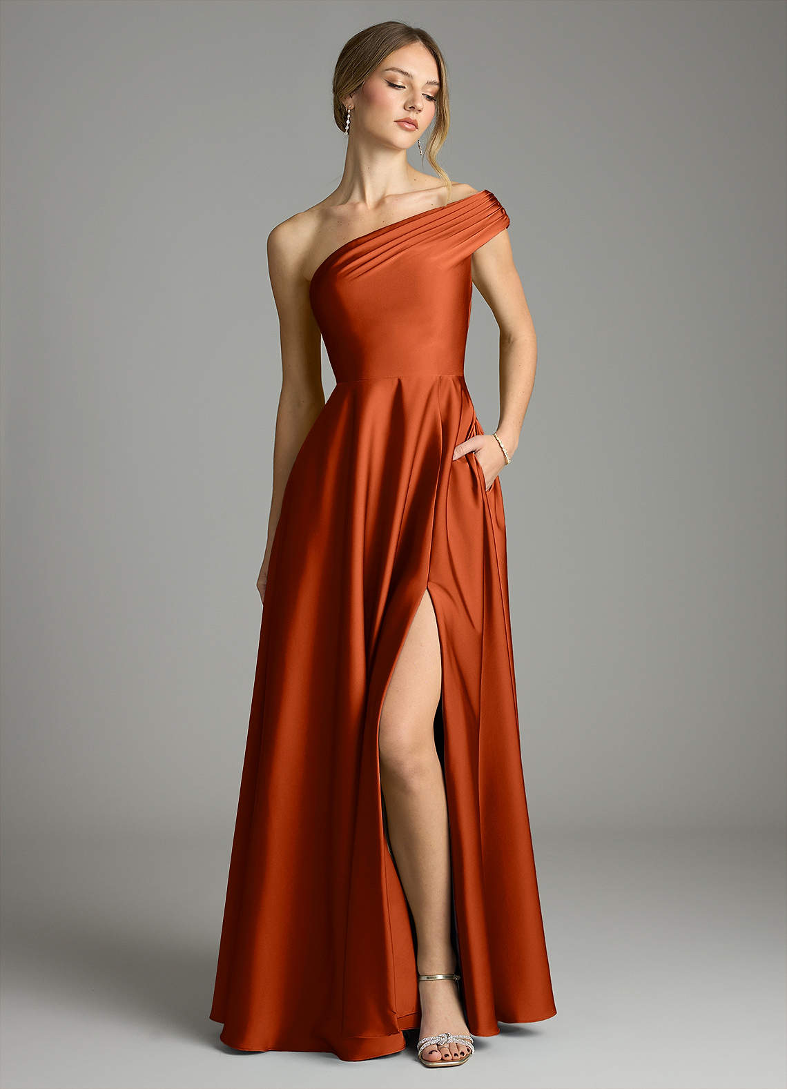 Melanie A-Line One-Shoulder Stretch Satin Bridesmaid Dress in Paprika