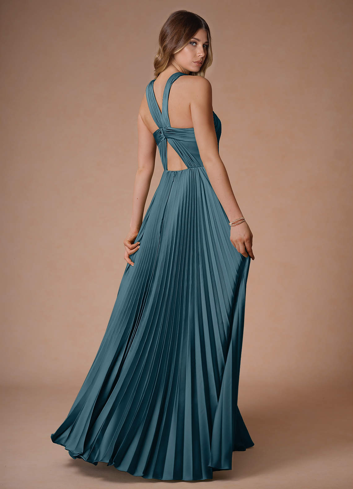 Afra A-Line Pleated Stretch Satin Wedding Guest Dress in Azure Blue