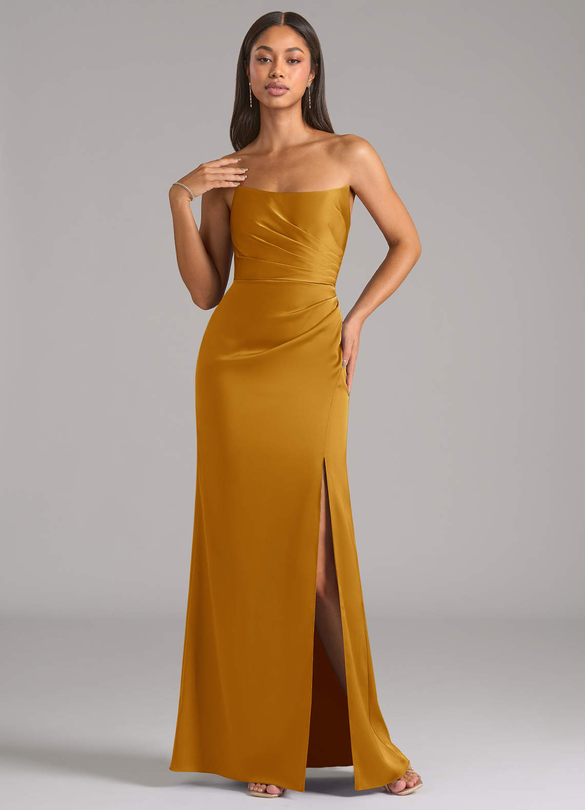 Marla Sheath Strapless Stretch Satin Bridesmaid Dress in butterscotch