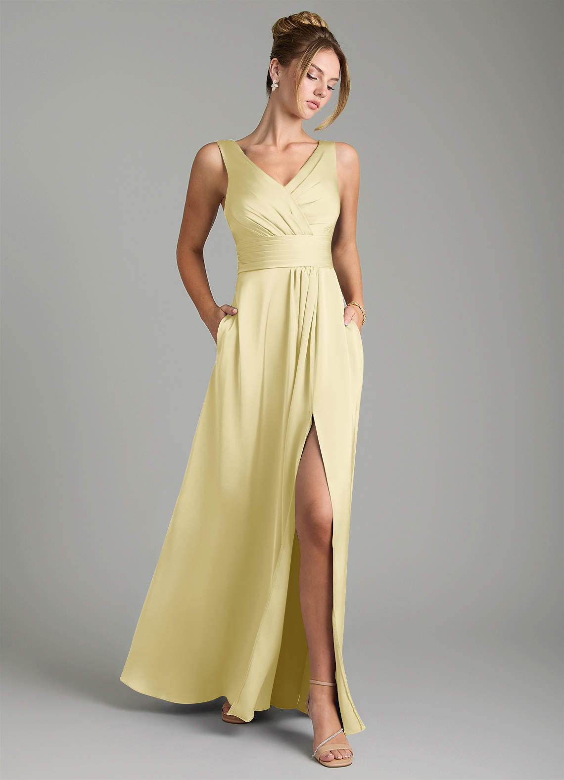 Karina A-Line V-Neck Stretch Satin Bridesmaid Dress in Lemon Sorbet