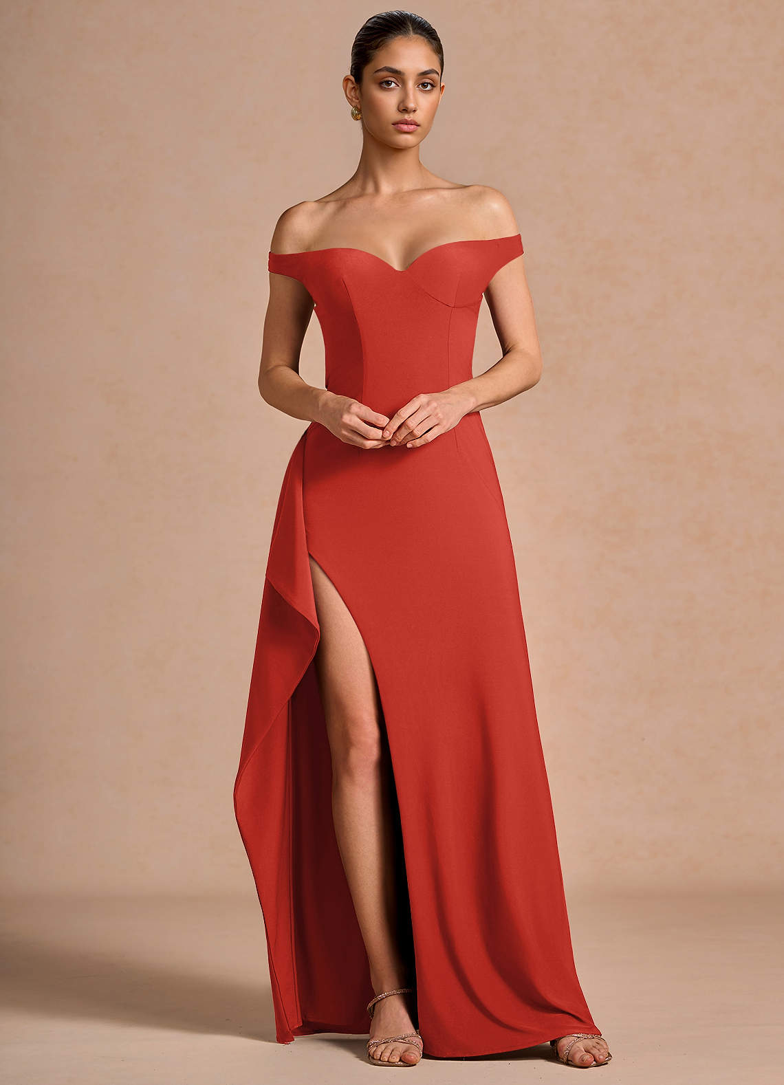 Jasira Sheath V-Neck Stretch Knit Evening Dress in Orange