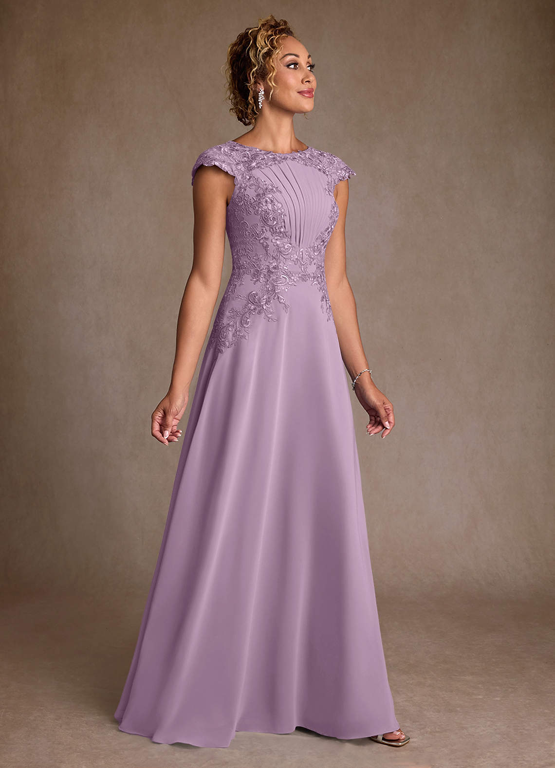 Christi A-Line Scoop-Neck Chiffon and Lace Mother of the Bride Dress in Wisteria