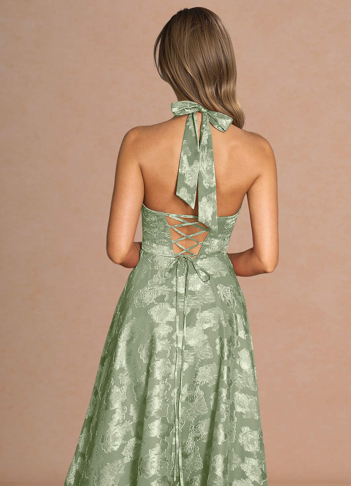 Isabeau A-Line V-Neck Fil Coupé Evening Dress in Light Green