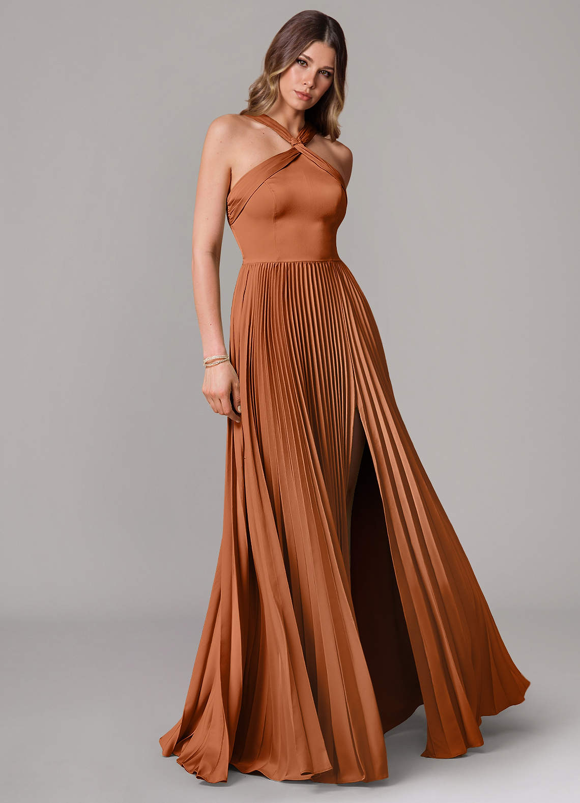 Afra A-Line Halter-Neck Stretch Satin Bridesmaid Dress in Copper