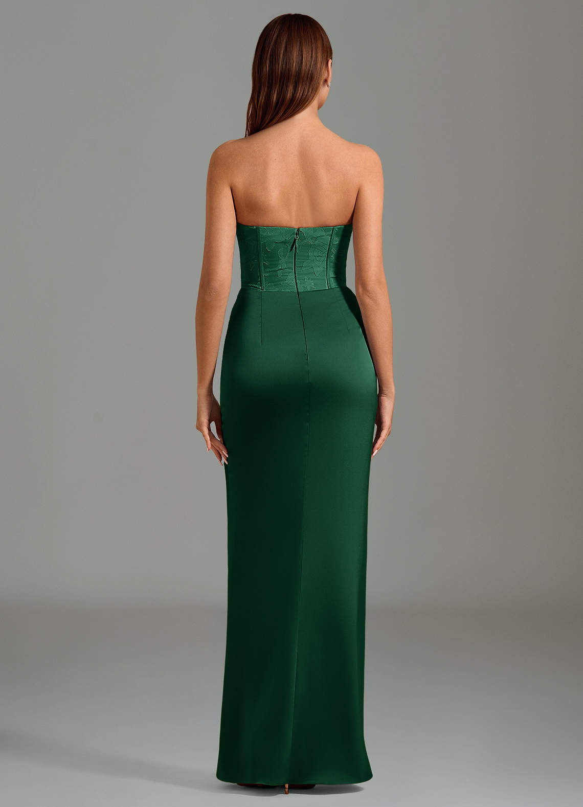 Emilia Mermaid Strapless Stretch Satin and Floral Burnout Bridesmaid Dress in Dark Green