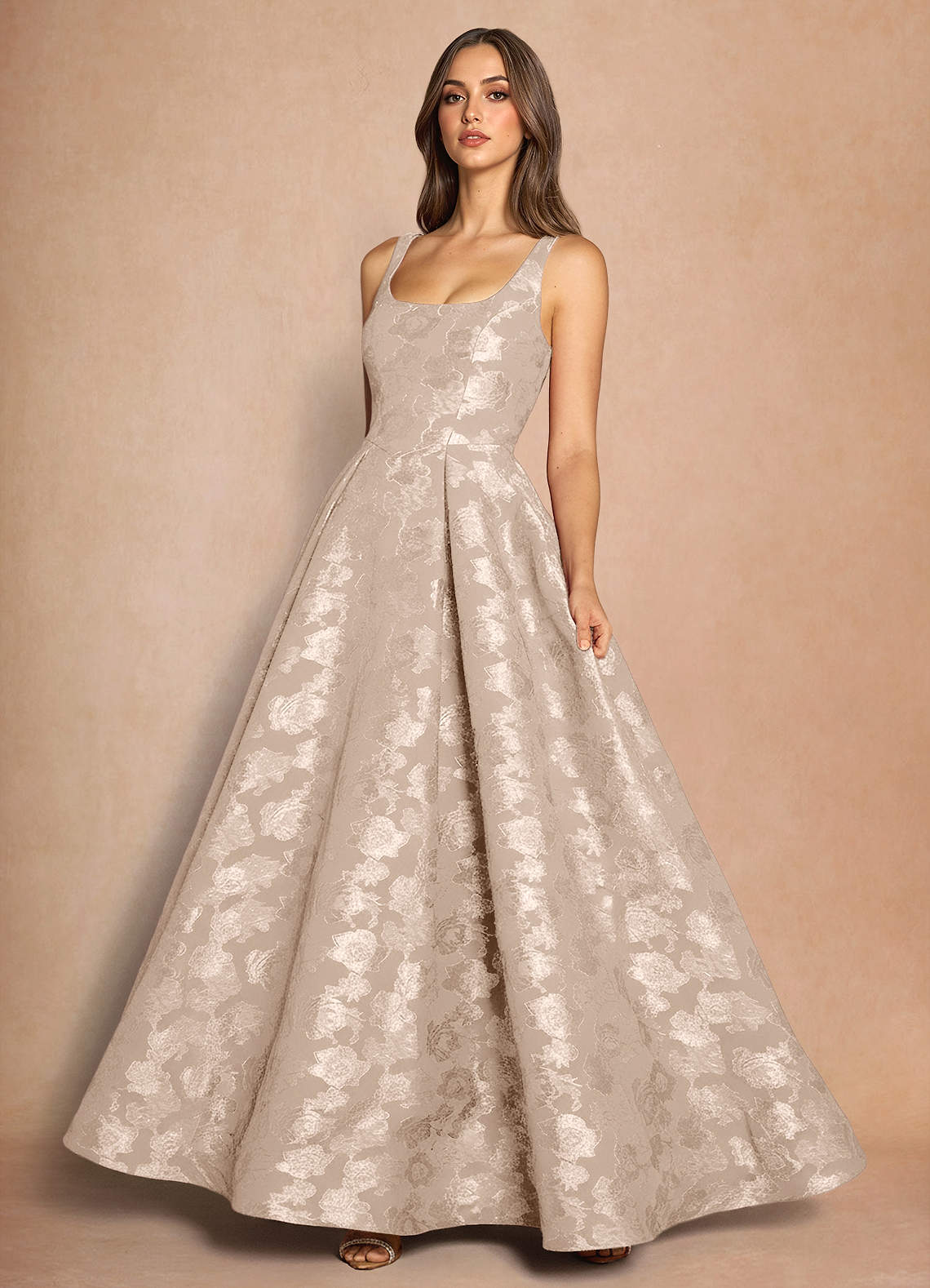 Briac A-Line Scoop-Neck Fil Coupé Evening Dress in Cream