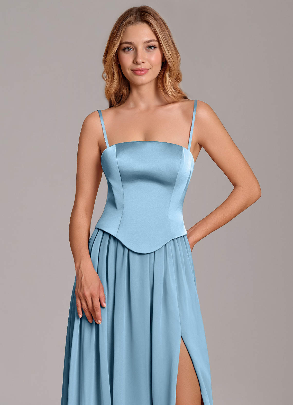 Cadence A-Line Strapless Chiffon and Stretch Satin Bridesmaid Dress in Steel Blue