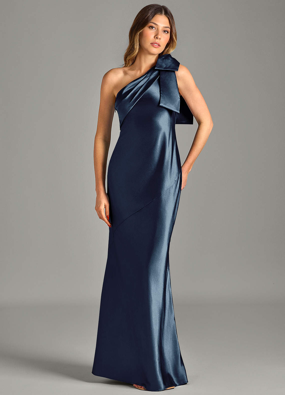 Yuanna Mermaid One-Shoulder Metallic Satin Bridesmaid Dress in Dark Navy