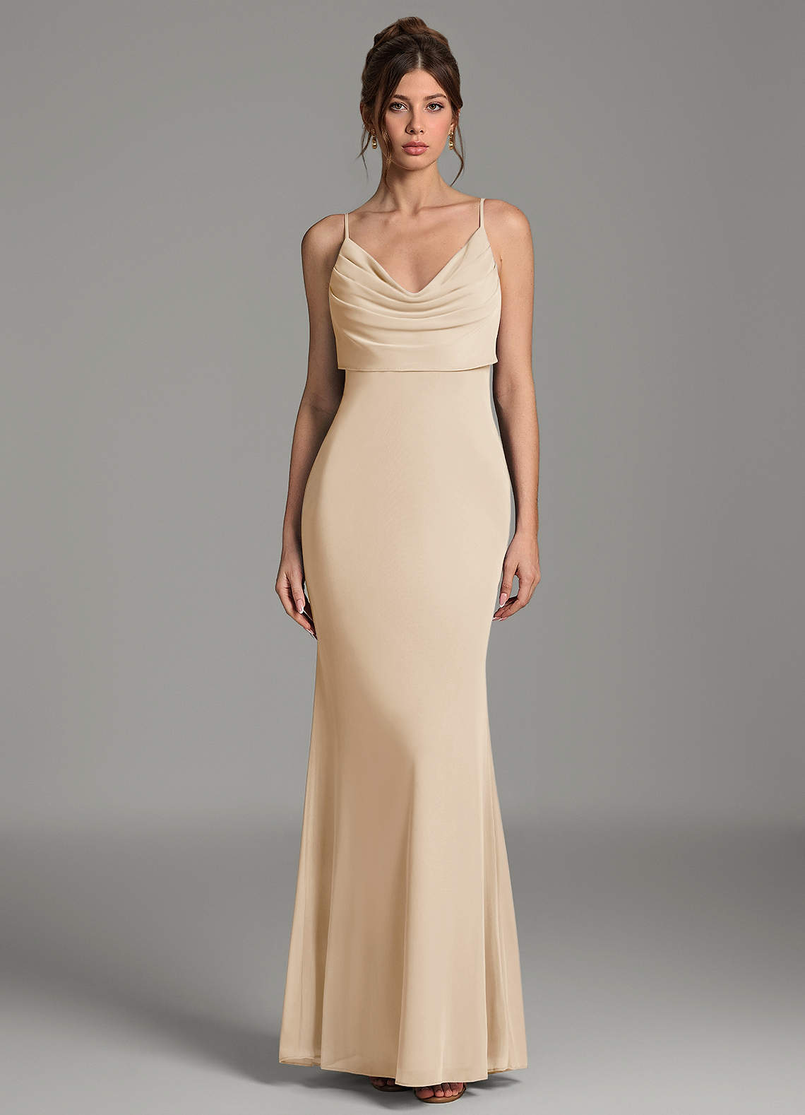 Zari Mermaid Cowl-Neck Mesh Bridesmaid Dress in Champagne