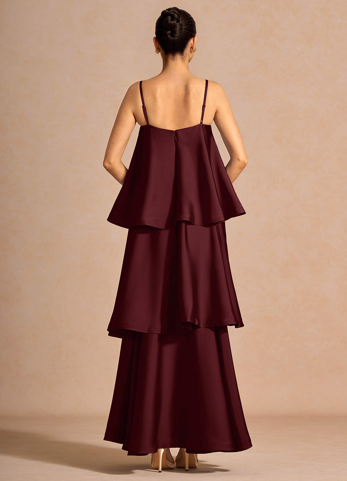 Itasca A-Line Tiered Stretch Satin Wedding Guest Dress in Wine
