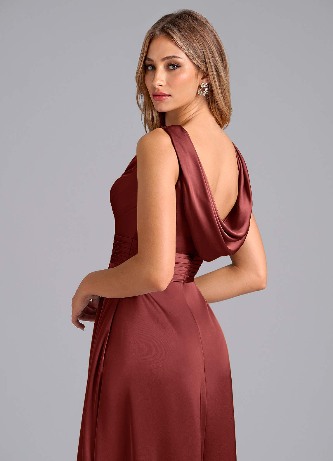 Karina A-Line V-Neck Stretch Satin Bridesmaid Dress in Terracotta