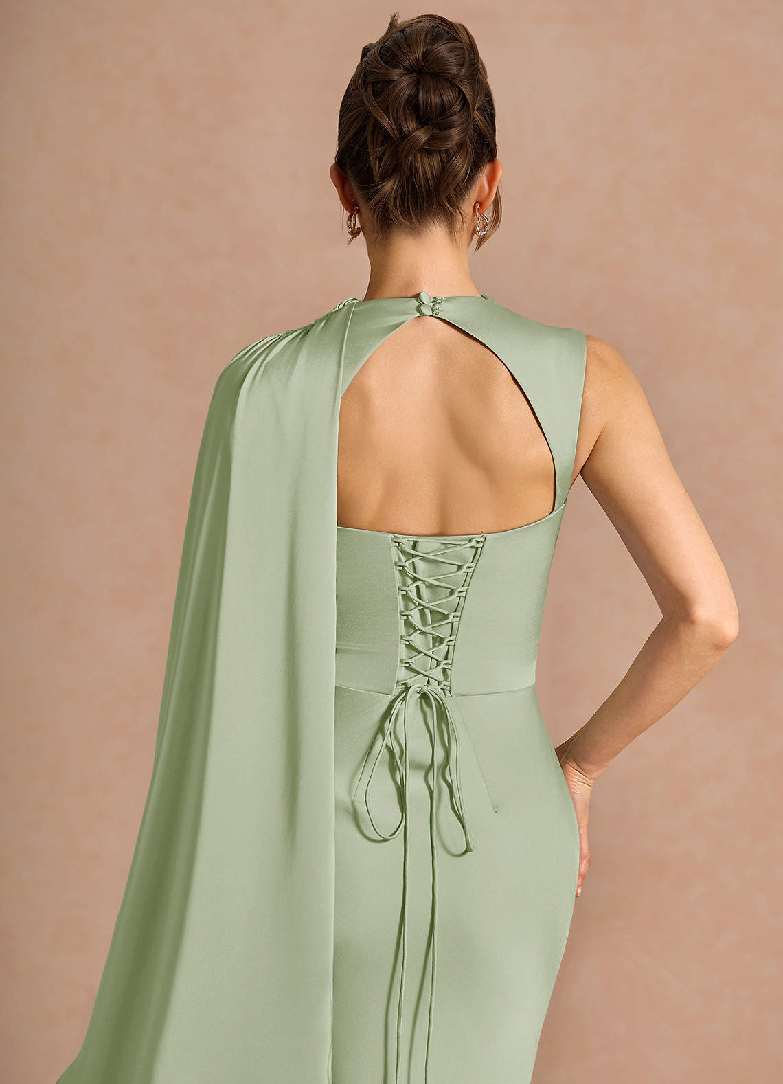 Chesney Cape-Sleeve Pleated Stretch Satin Wedding Guest Dress in Light Green