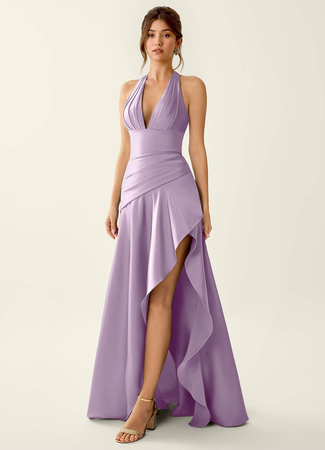Titania Halter Asymmetric-Ruffle Satin Evening Dress in Pastel Yellow