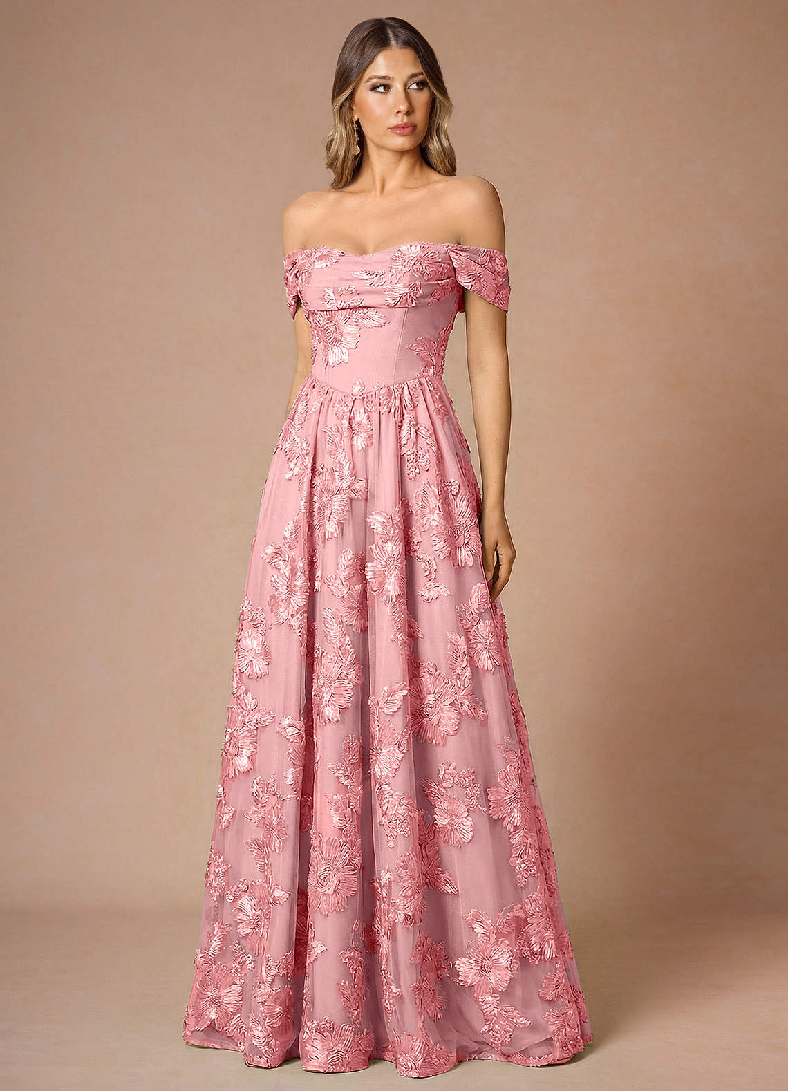 Hazel A-Line Cowl-Neck Floral Mesh Wedding Guest Dress in Pink