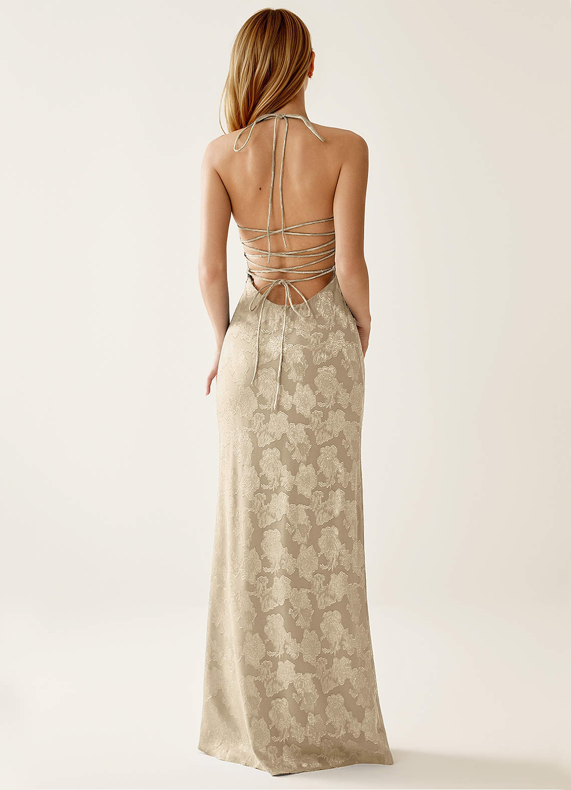 Angena Sheath Halter Floral Burnout Evening Dress in Cream