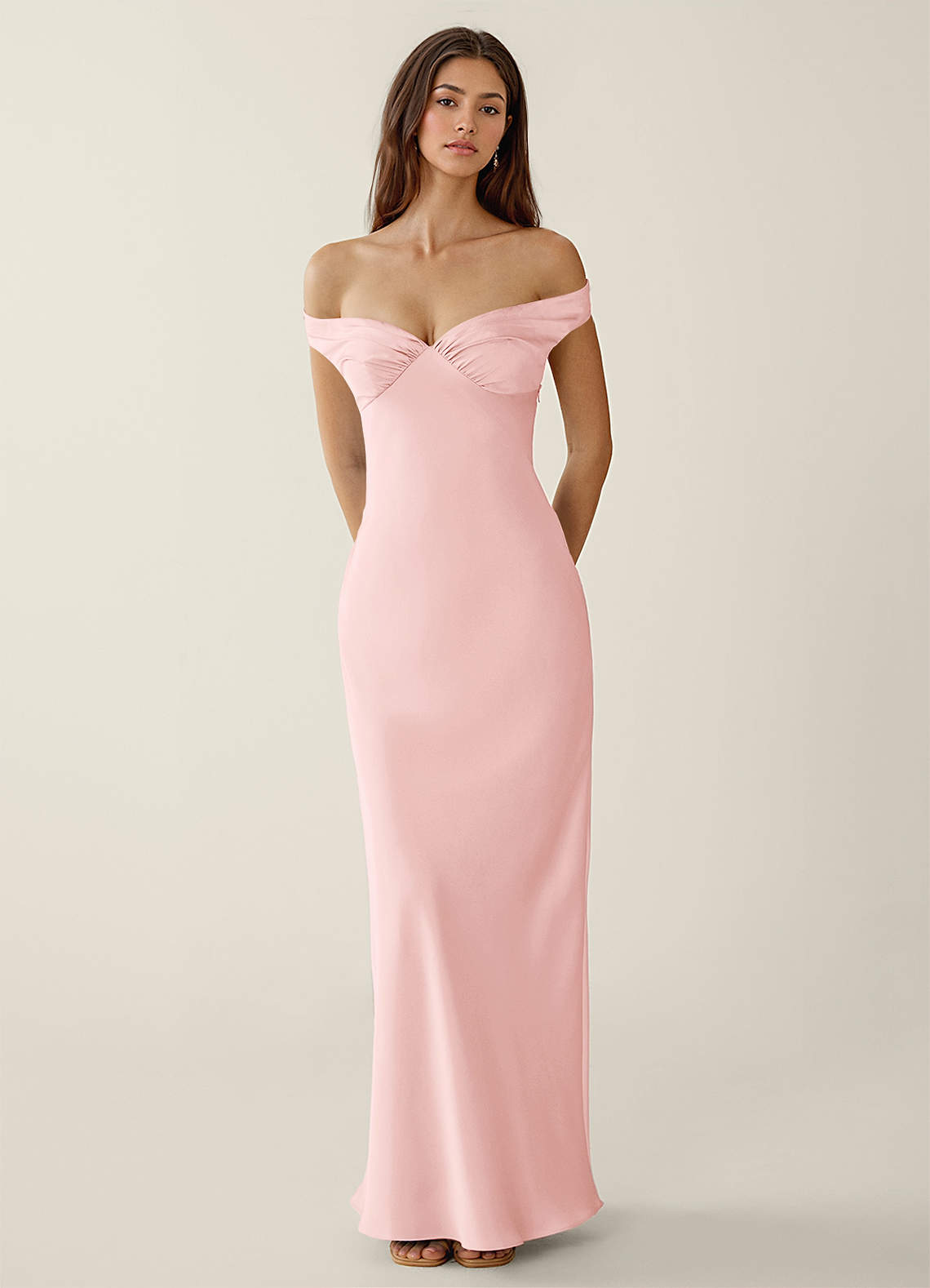 Gwendonme Sheath Off-the-Shoulder Satin Crystal Linen Evening Dress in Haze Pink