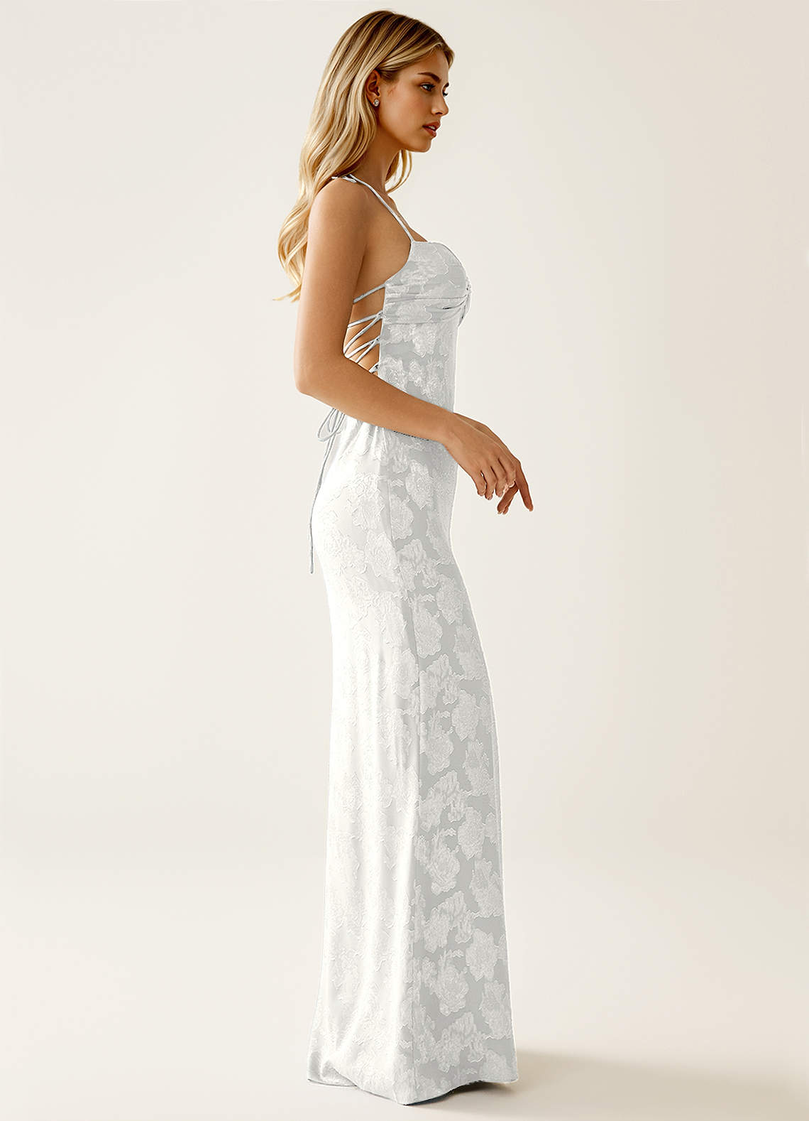 Angena Sheath Halter Floral Burnout Evening Dress in White