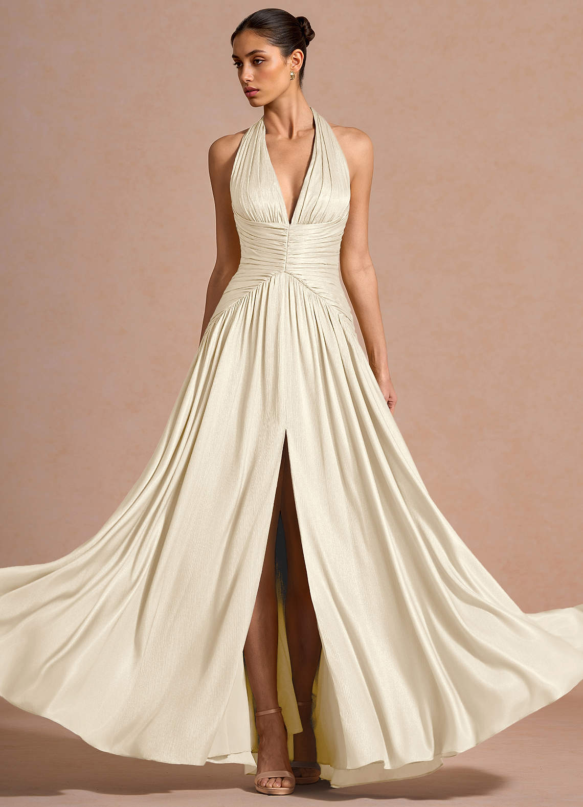 Hecate A-Line Halter Satin-Faced Chiffon Evening Dress in Cream