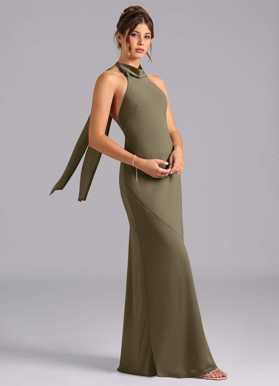 Velli Mermaid Halter Chiffon Bridesmaid Dress in Willow Green