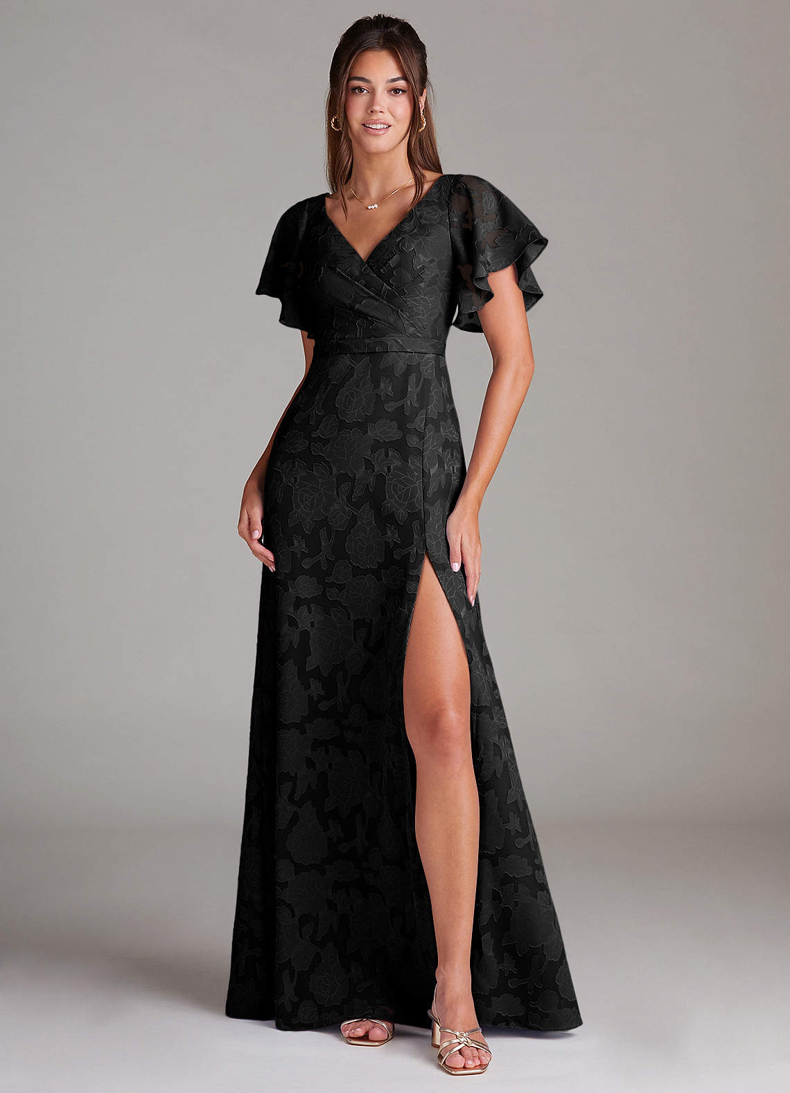 Ambrosia A-Line V-Neck Floral Burnout Bridesmaid Dress in black