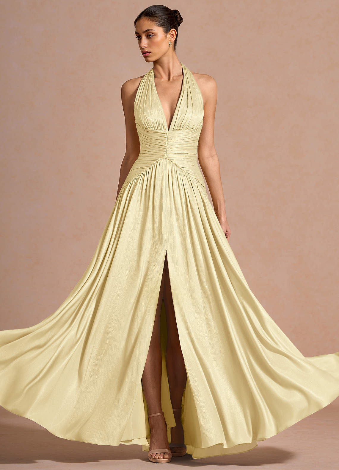Hecate A-Line Halter Satin-Faced Chiffon Evening Dress in Lemon Sorbet
