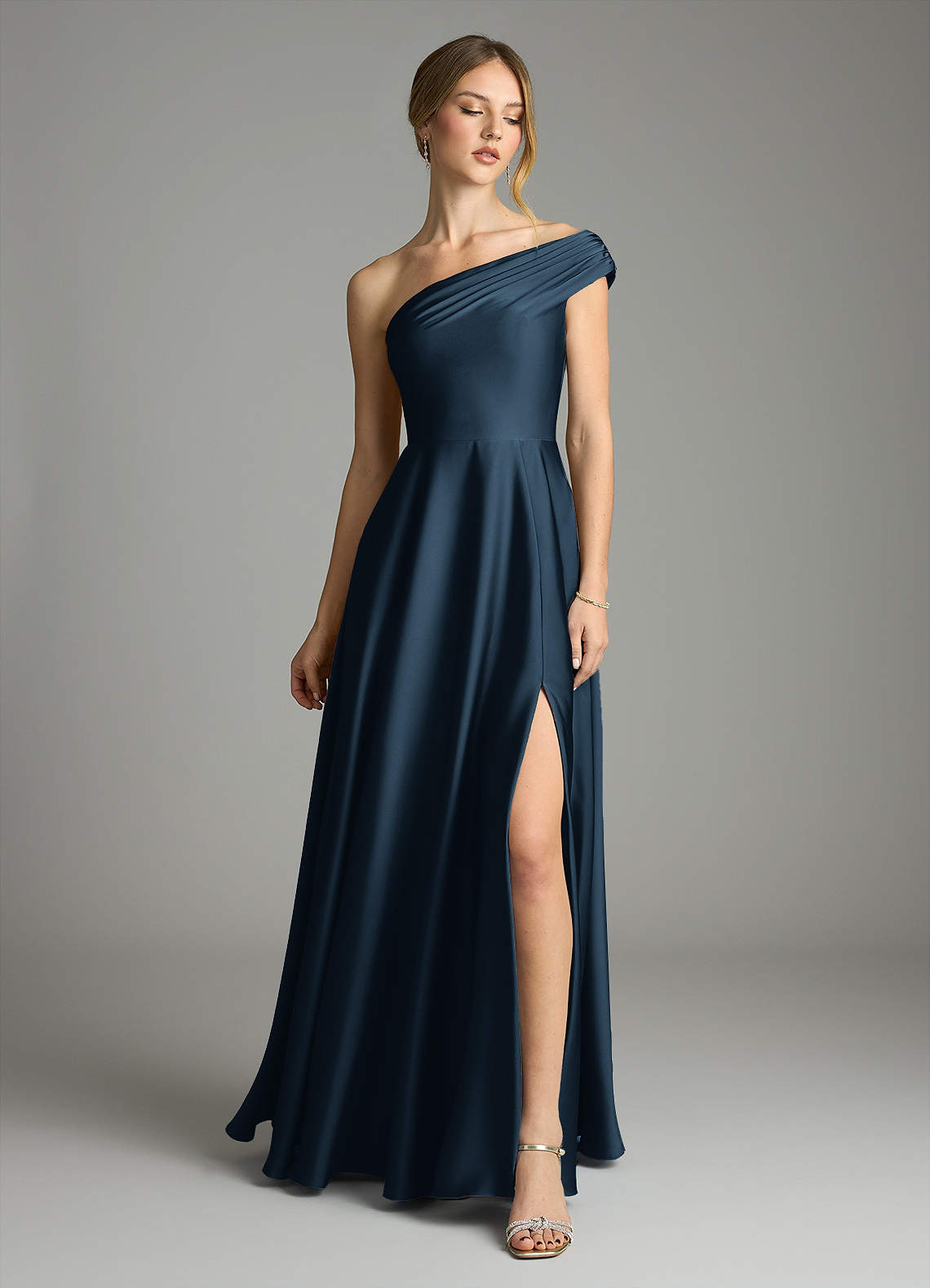 Melanie A-Line One-Shoulder Stretch Satin Bridesmaid Dress in Dark Navy