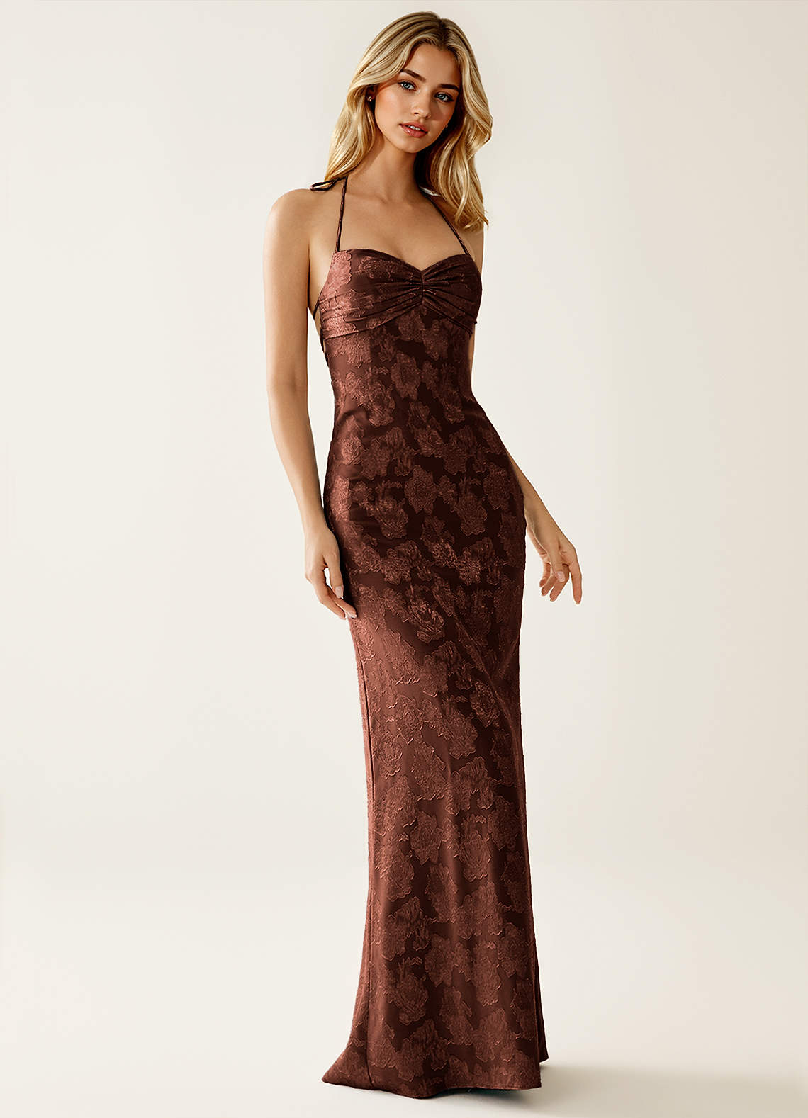 Angena Sheath Halter Floral Burnout Evening Dress in Lemon Sorbet