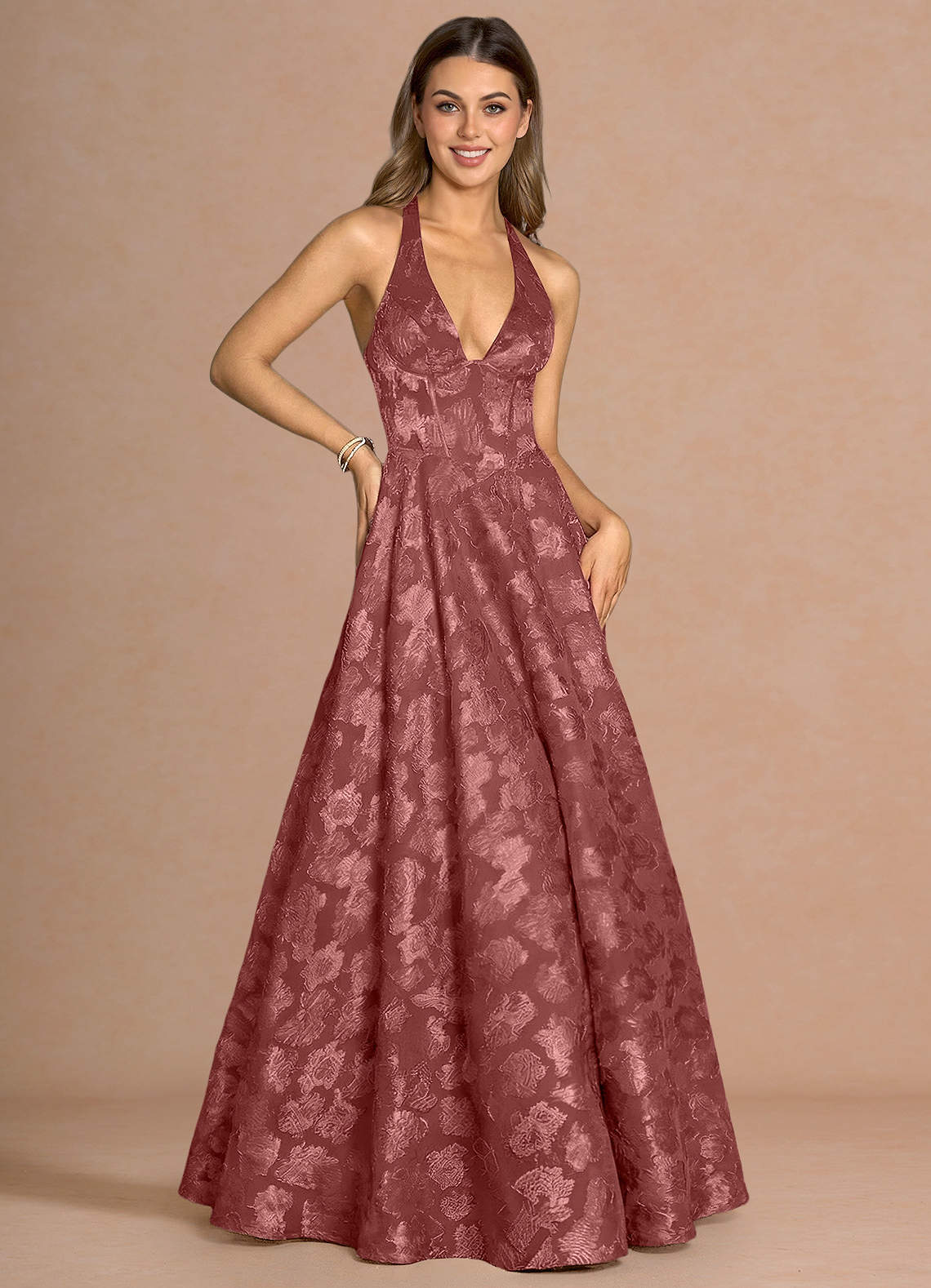Isabeau A-Line V-Neck Fil Coupé Evening Dress in Lemon Sorbet