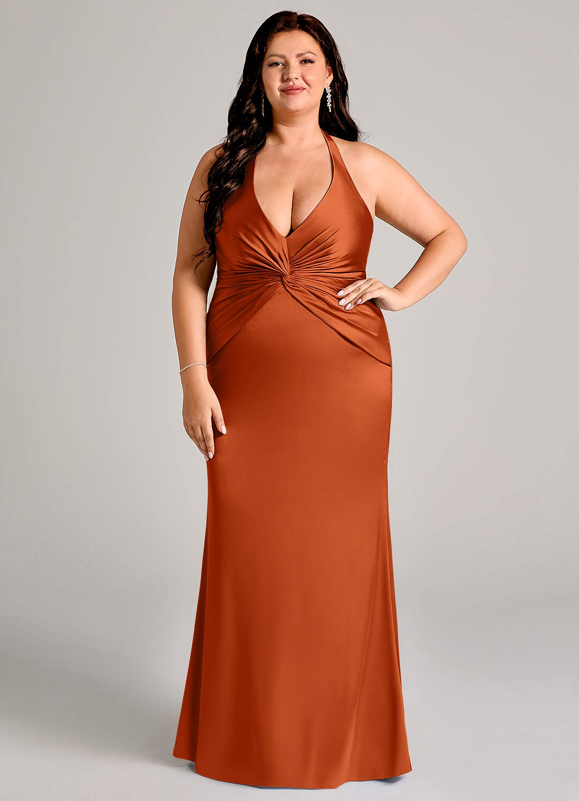 Valerie Mermaid V-Neck Stretch Satin Bridesmaid Dress in Burnt Orange