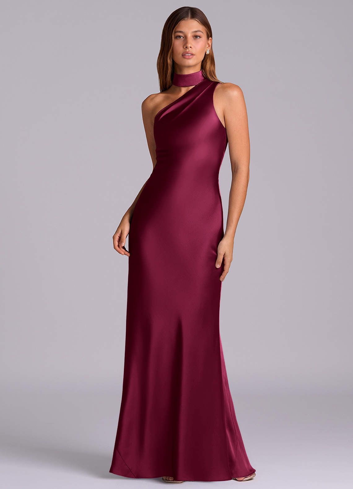 Seona Mermaid One-Shoulder Stretch Satin and Tulle Bridesmaid Dress in Burgundy