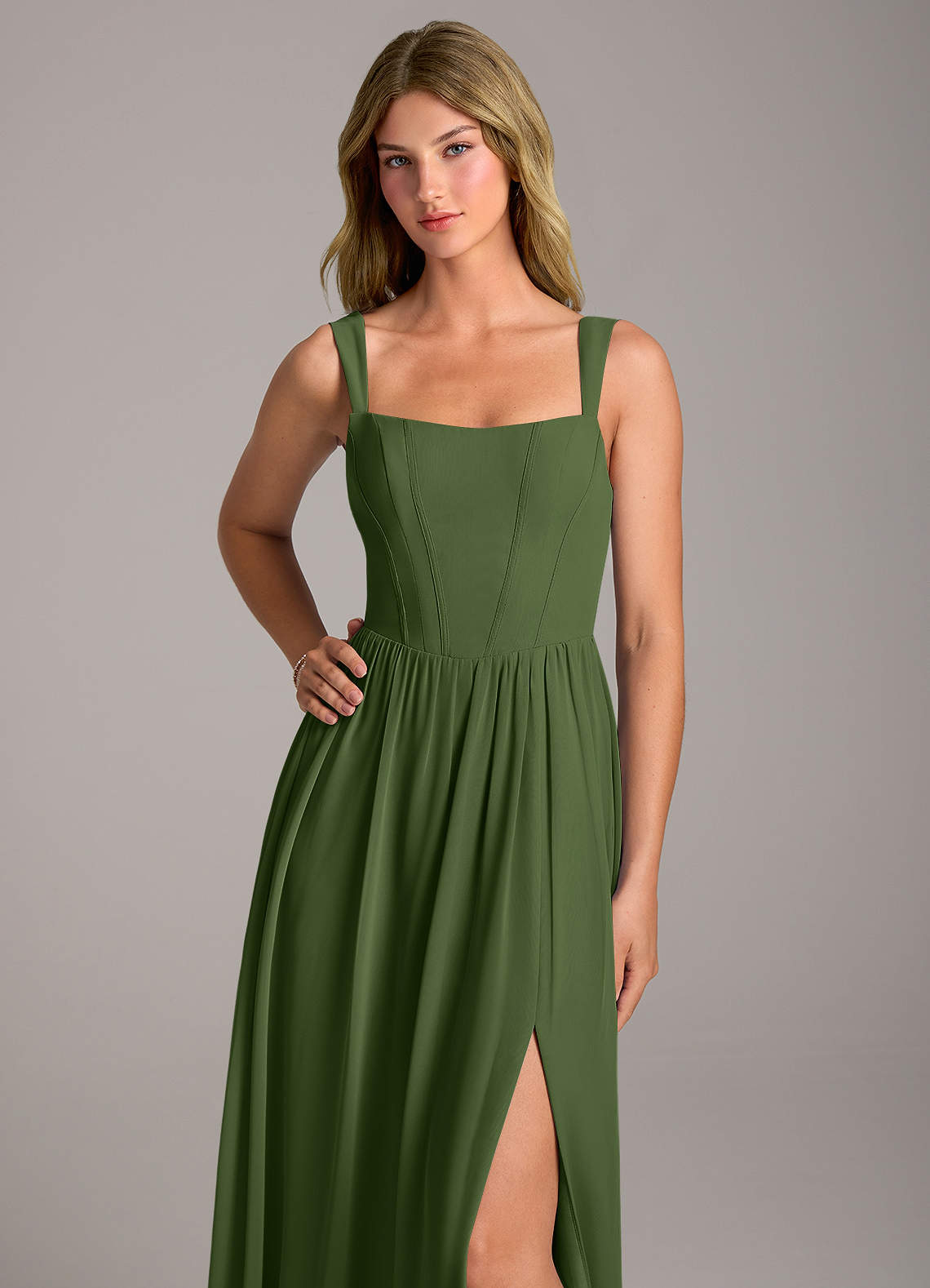 Rosaline A-Line Square-Neck Chiffon Bridesmaid Dress in Olive