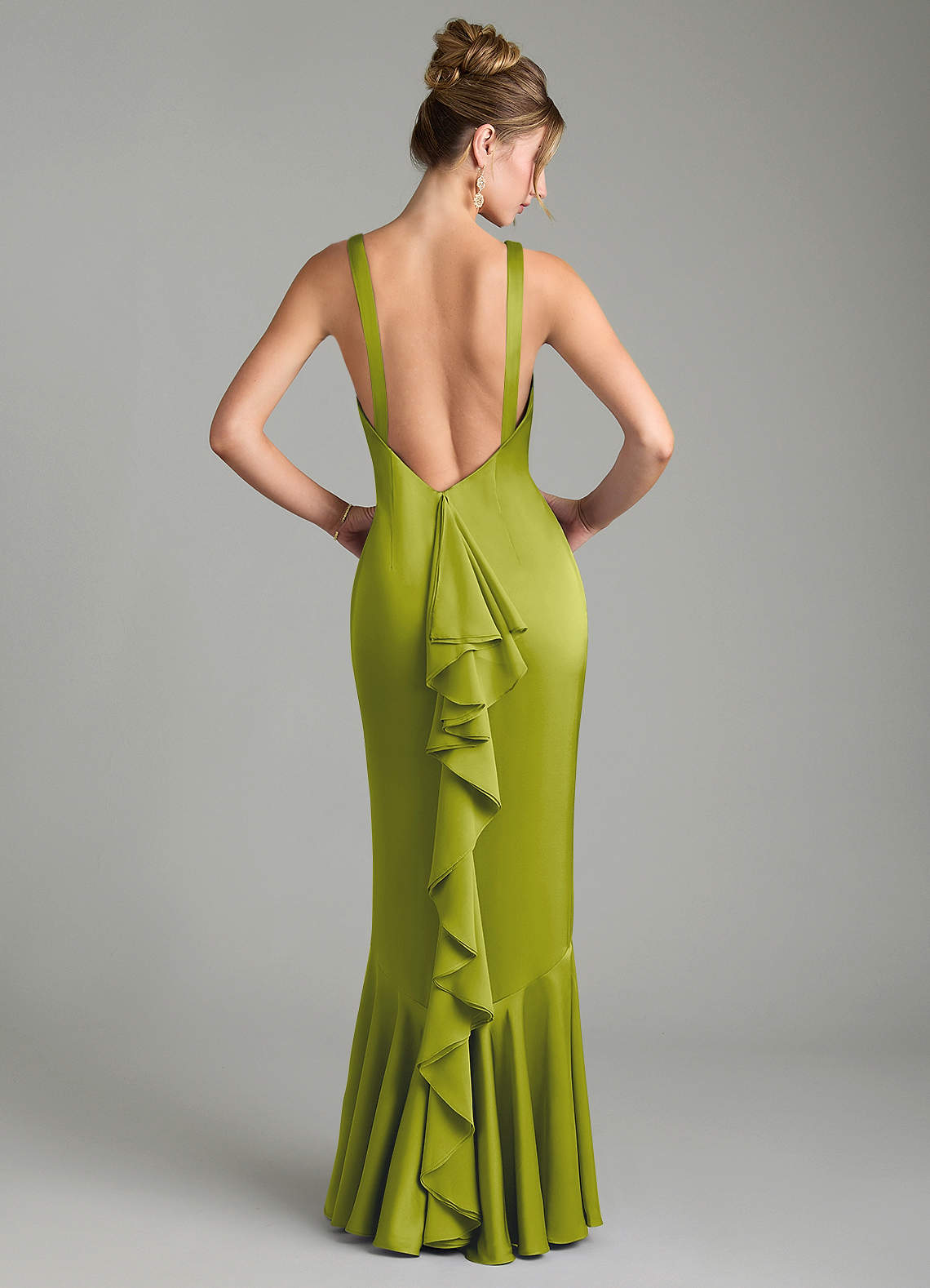 Tamera Mermaid Boat-Neck Stretch Satin and Chiffon Bridesmaid Dress in Lemongrass