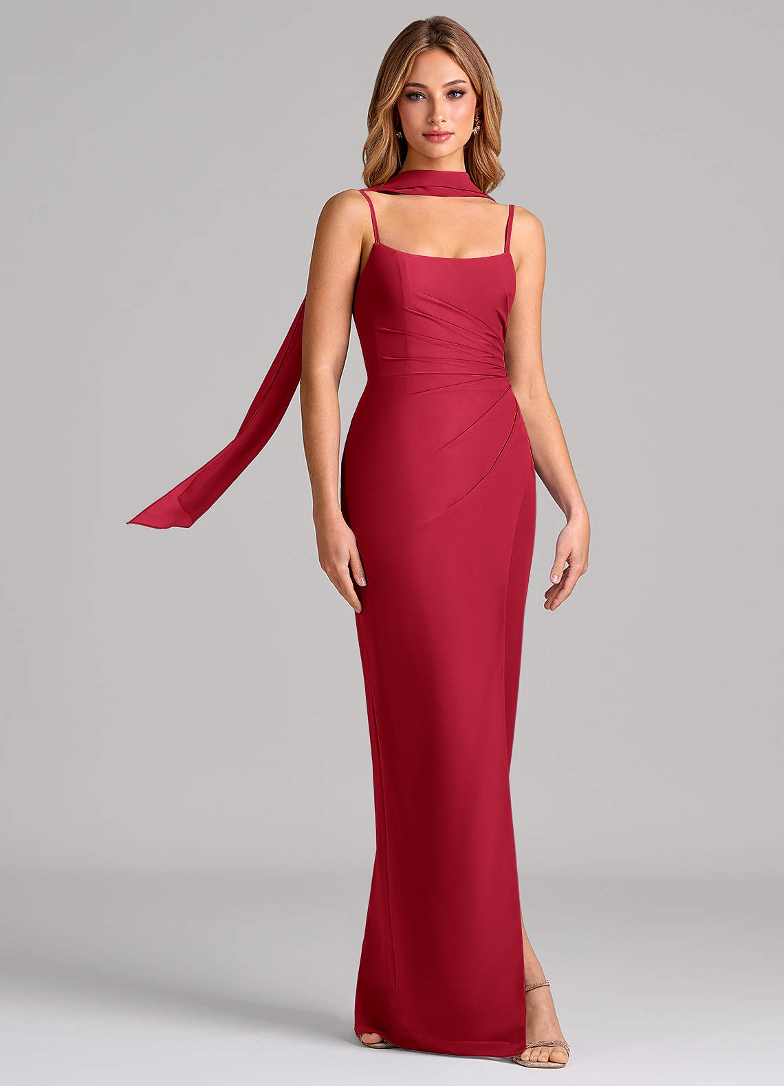 Calandra Sheath Scoop-Neck Chiffon Bridesmaid Dress in Scarlet