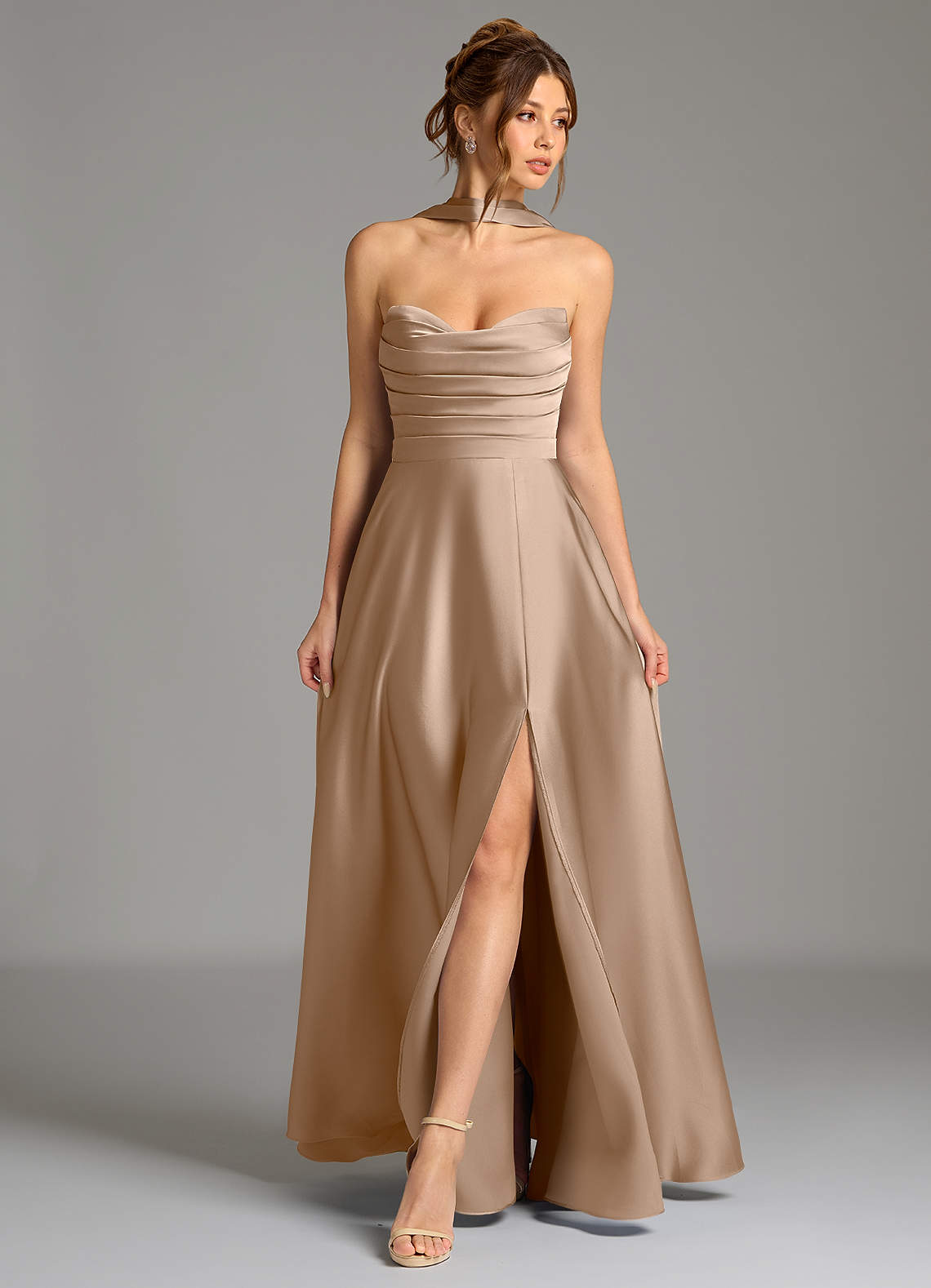 Ayla A-Line Sweetheart Stretch Satin Bridesmaid Dress in Taupe