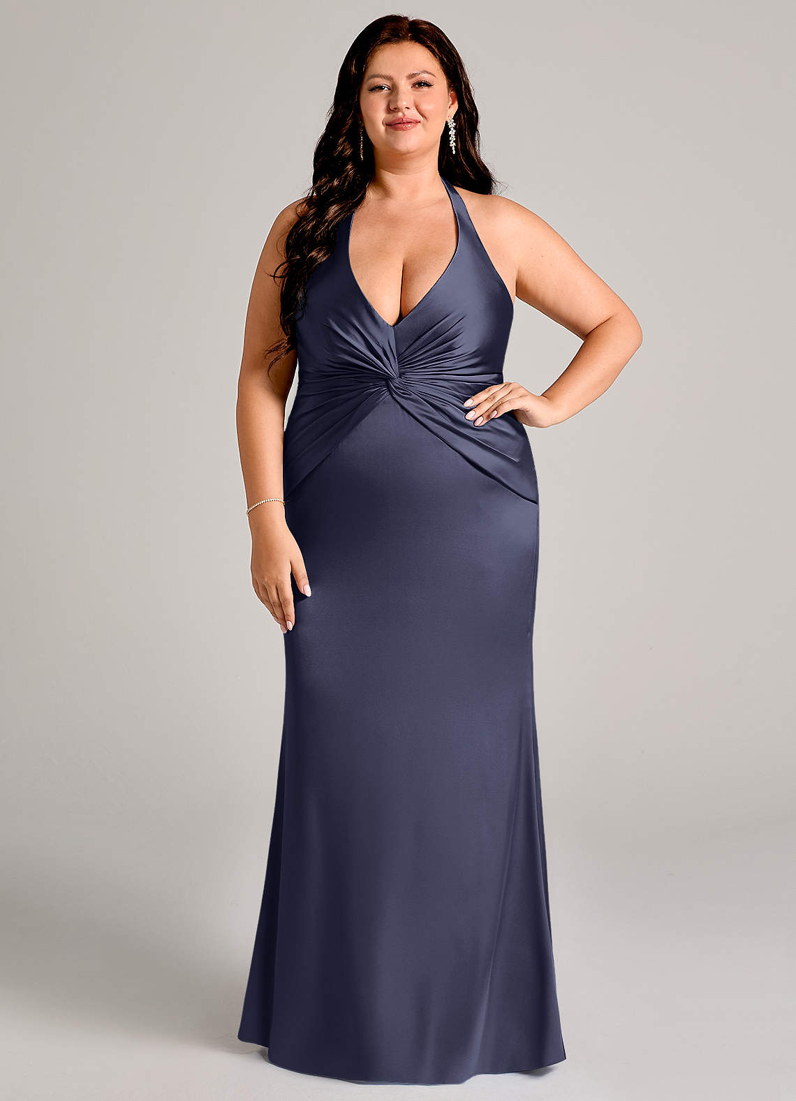 Valerie Mermaid V-Neck Stretch Satin Bridesmaid Dress in Stormy