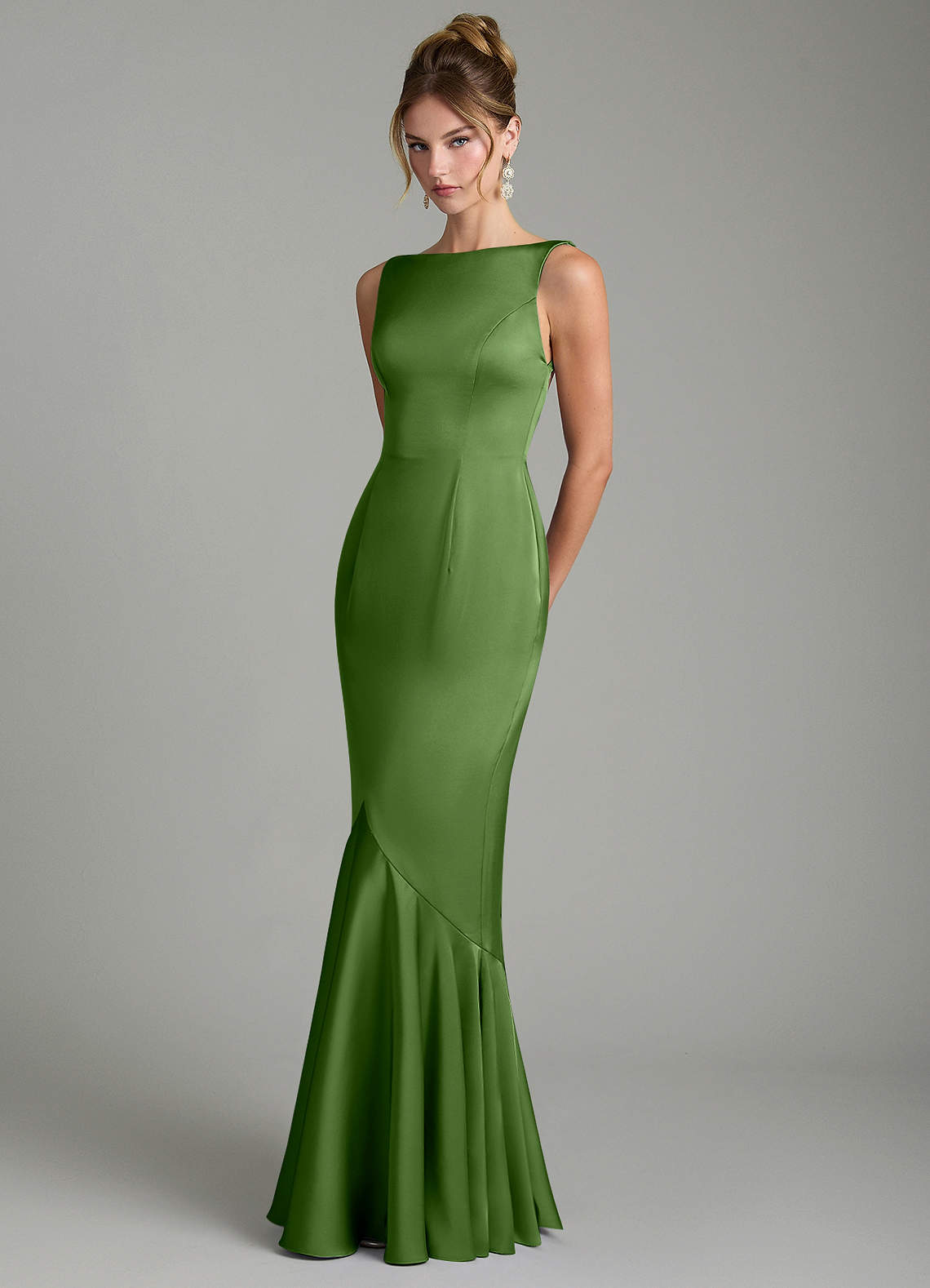Tamera Mermaid Boat-Neck Stretch Satin and Chiffon Bridesmaid Dress in Basil