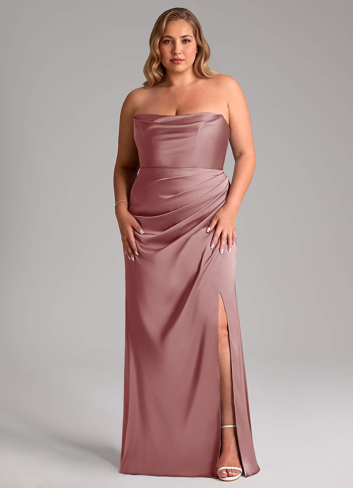 Leonis Mermaid Cowl-Neck Stretch Satin Bridesmaid Dress in dusty rose