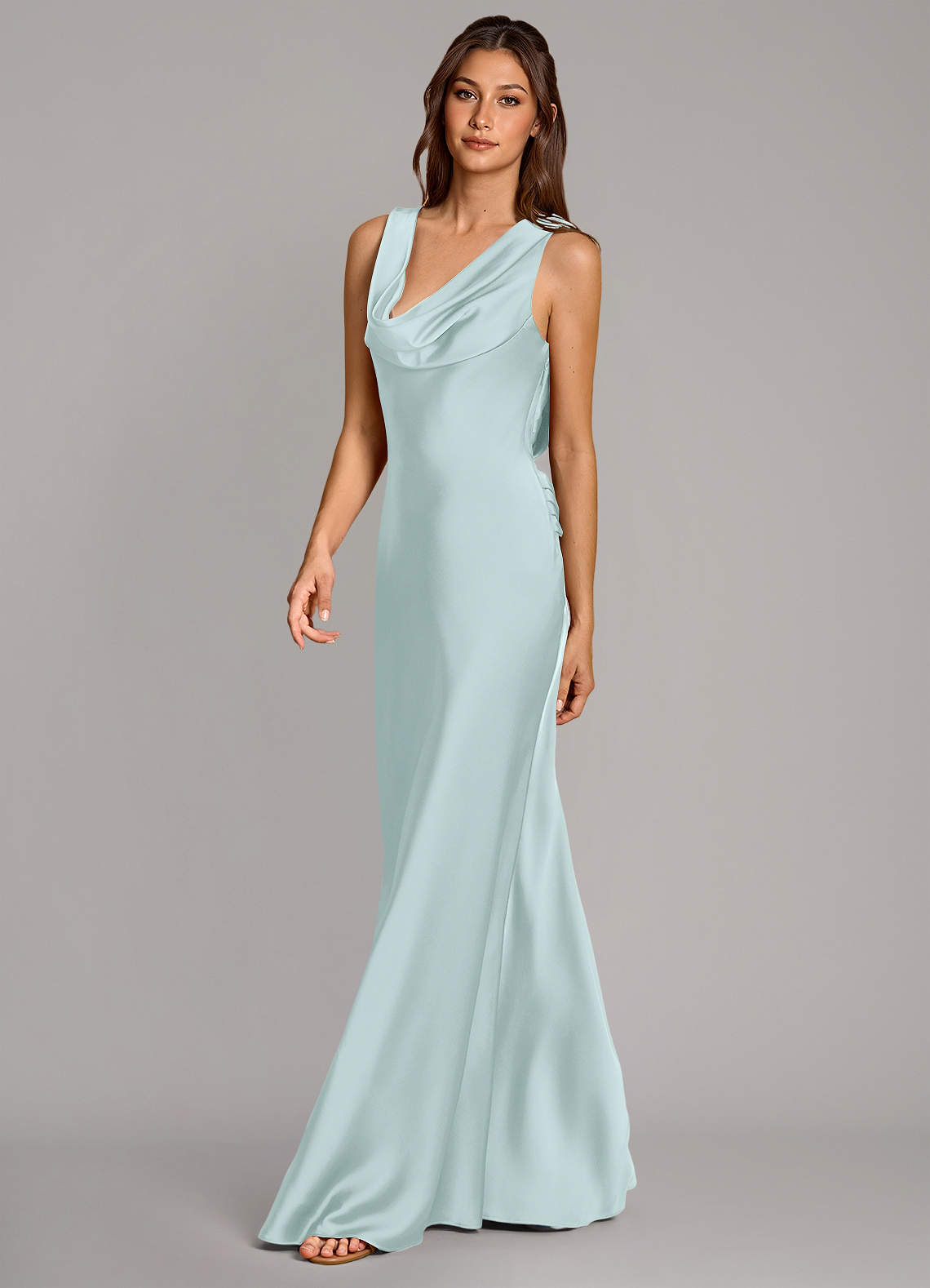 Cheryl Mermaid Cowl-Neck Stretch Satin Bridesmaid Dress in Sea Glass