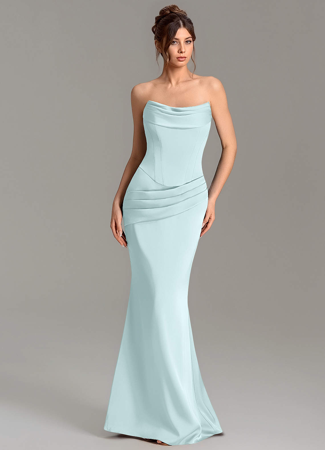 Adrienne Mermaid Cowl-Neck Stretch Satin Bridesmaid Dress in Sea Glass