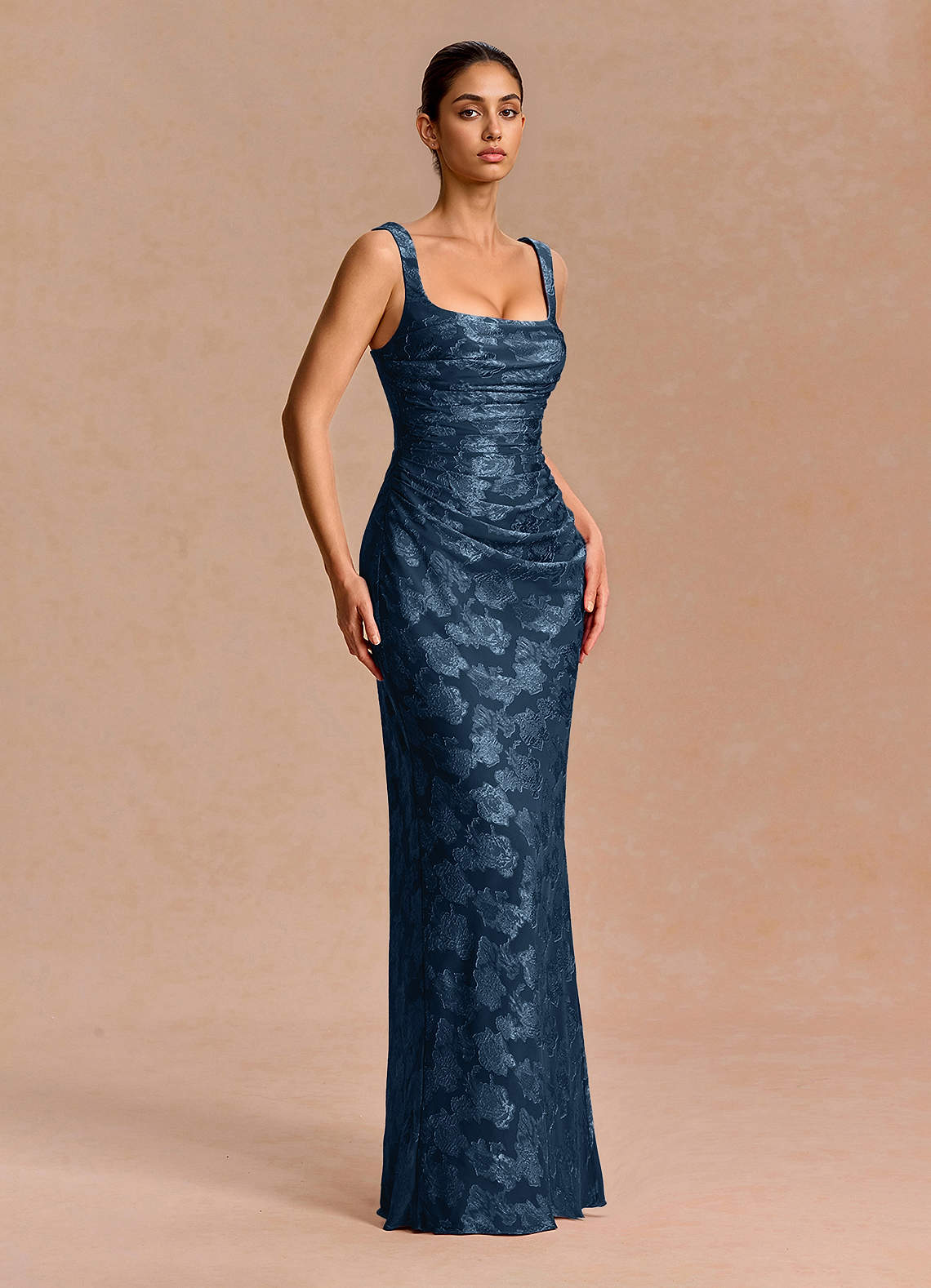 Agustina Square-Neck Pleated Fil Coupé Evening Dress in Lemon Sorbet