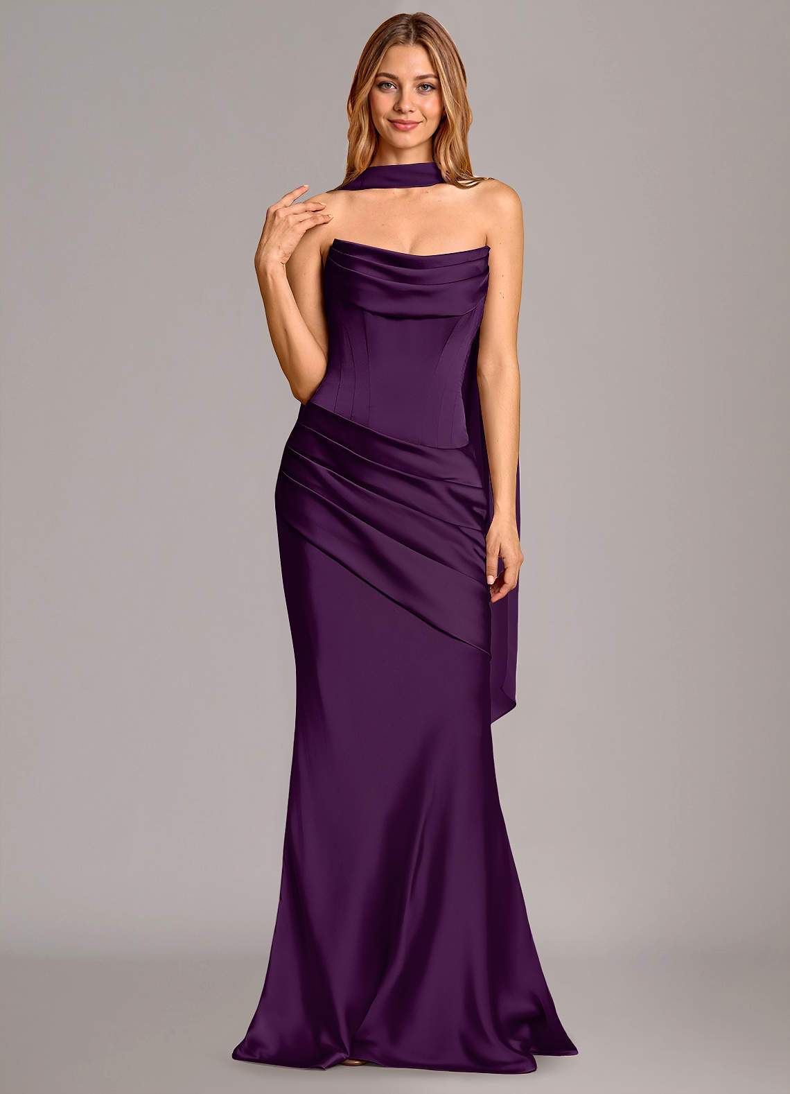 Pelagia Mermaid Cowl-Neck Stretch Satin Bridesmaid Dress in Grape