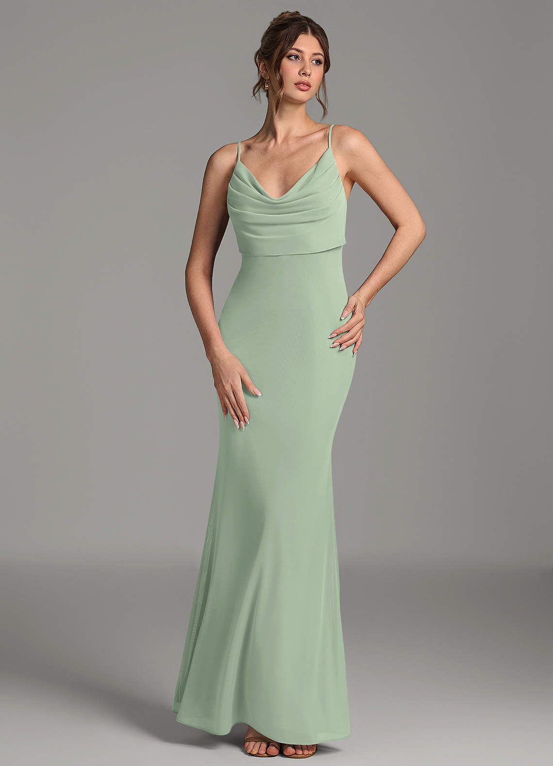 Zari Mermaid Cowl-Neck Mesh Bridesmaid Dress in Dusty Sage