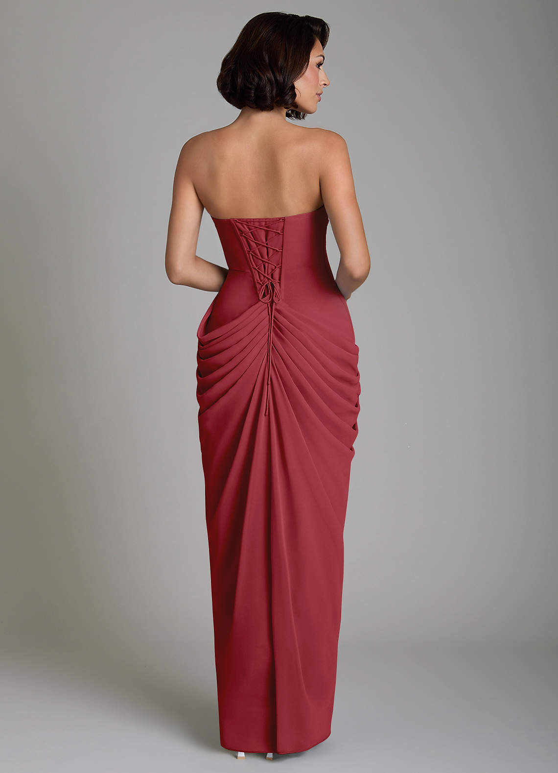 Nyra Sheath Strapless Chiffon Bridesmaid Dress in Pomegranate
